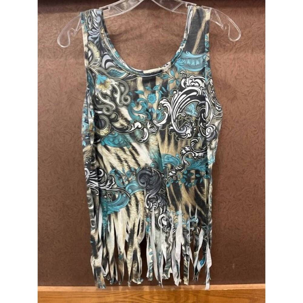 NEW VOCAL APPAREL women's paisley print fringed bottom tank top in blue